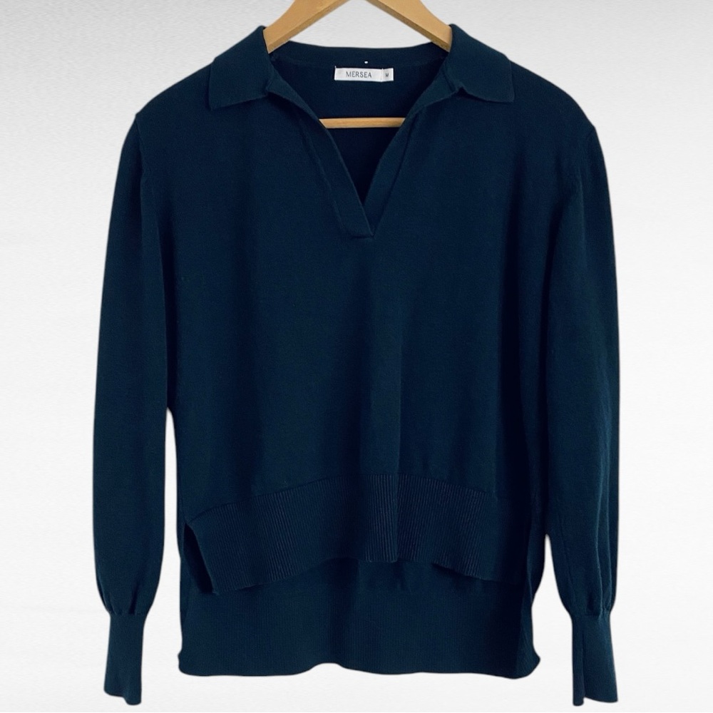 MERSEA | Navy Blue MARINER HORIZON Relaxed Fit Cotton Wool Coastal Polo Sweater - Picture 3 of 3